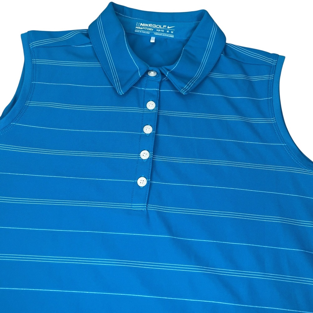 Nike‎ Golf Womens Teal Blue White Striped Sleeveless Polo Shirt Nike Fit Dry Med
